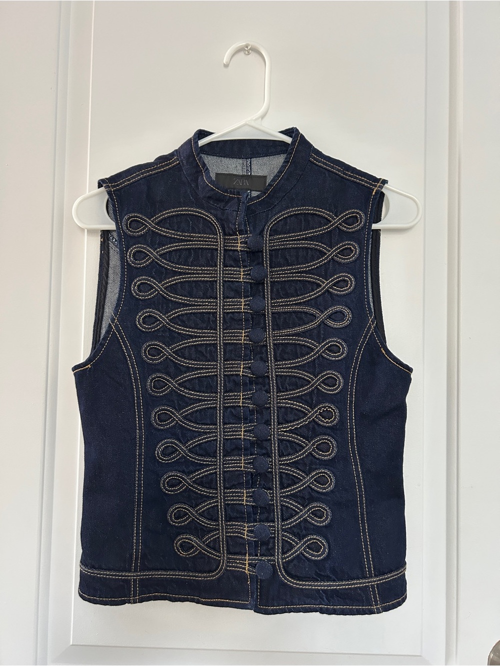Navy Military-Style Embroidered Denim Vest